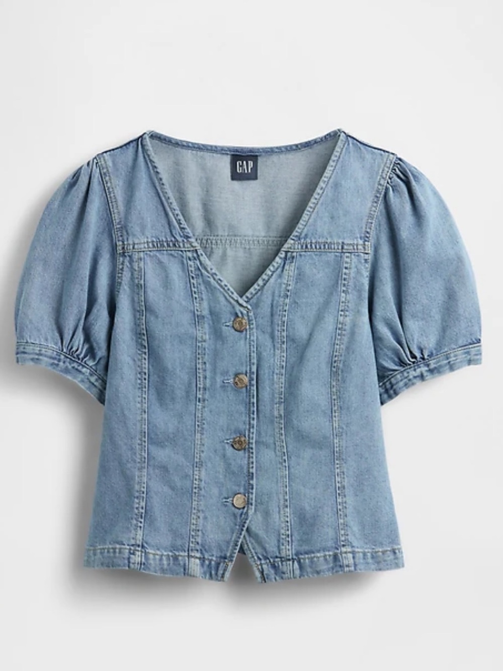 GAP Light Blue Denim Puff-Sleeve Button-Front Top